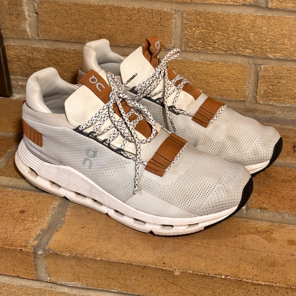 On Cloudnova Shoes Mens 9 White Pearl Pecan Tan CloudTec Running Sneakers